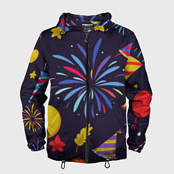 Ветровка с капюшоном мужская Новогодний фейерверк, цвет: 3D-черный
