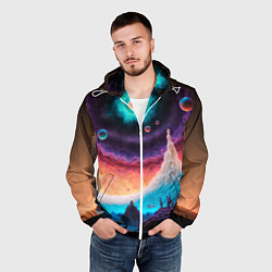 Ветровка с капюшоном мужская Абстрактный кусок земли со снежным лесом и космосо, цвет: 3D-белый — фото 2