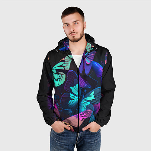 Мужская ветровка Много неоновых бабочек / 3D-Черный – фото 3