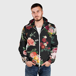 Ветровка с капюшоном мужская Букеты цветов на черном фоне, цвет: 3D-белый — фото 2