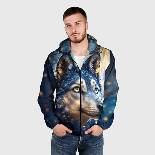 Мужская ветровка Волк на синем фоне / 3D-Черный – фото 3