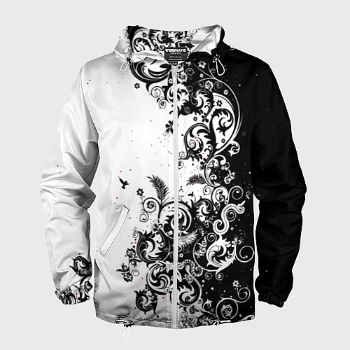 Мужская ветровка Черно-белая птица среди узорчатых цветов / 3D-Белый – фото 1