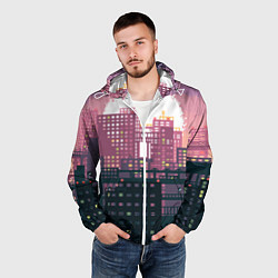 Ветровка с капюшоном мужская Пиксельный пейзаж города - закат, цвет: 3D-белый — фото 2