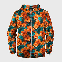 Ветровка с капюшоном мужская Оранжевые цветы гавайские, цвет: 3D-белый