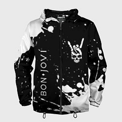 Ветровка с капюшоном мужская Bon Jovi и рок символ на темном фоне, цвет: 3D-черный