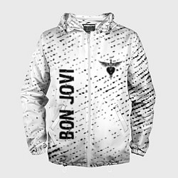 Ветровка с капюшоном мужская Bon Jovi glitch на светлом фоне: надпись, символ, цвет: 3D-белый