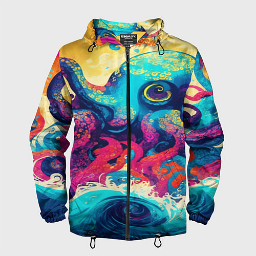 Мужская ветровка Разноцветный осьминог на волнах красок / 3D-Черный – фото 1