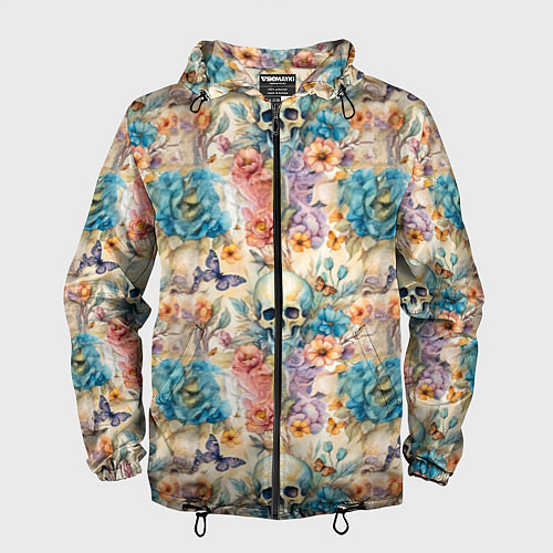 Мужская ветровка Череп в цветах с бабочками узор / 3D-Черный – фото 1