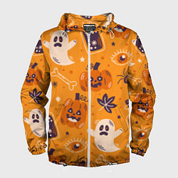 Ветровка с капюшоном мужская Хэллоуин - тыквы и приведенья, цвет: 3D-белый