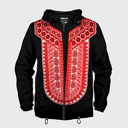 Ветровка с капюшоном мужская Красный орнамент в руском стиле, цвет: 3D-черный