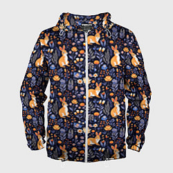 Ветровка с капюшоном мужская Оранжевые зайчики в траве на синем фоне, цвет: 3D-белый
