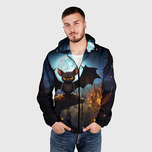 Мужская ветровка Летучая мышка на фоне луны и замка / 3D-Черный – фото 3