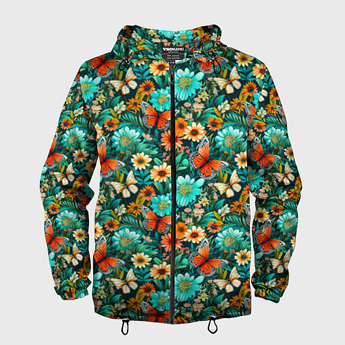 Мужская ветровка Бабочки в цветах паттерн / 3D-Черный – фото 1