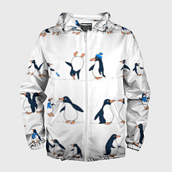 Ветровка с капюшоном мужская Семейство пингвинов на прогулке, цвет: 3D-белый