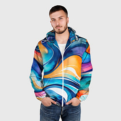 Ветровка с капюшоном мужская Линейная красочная абстракция, цвет: 3D-белый — фото 2