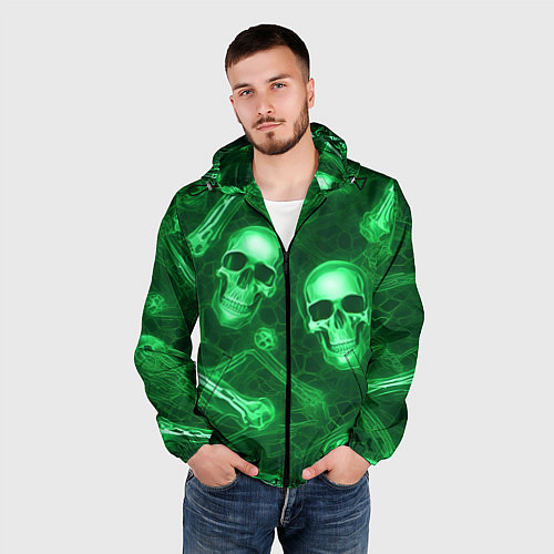 Мужская ветровка Зелёные черепа и кости / 3D-Черный – фото 3
