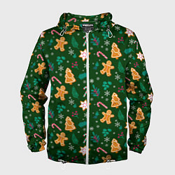 Ветровка с капюшоном мужская New year pattern with green background, цвет: 3D-белый