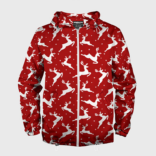 Мужская ветровка Красный паттерн с новогодними оленями / 3D-Белый – фото 1