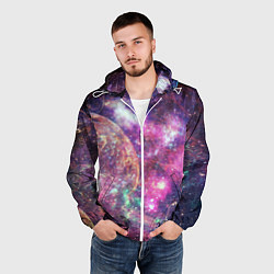 Ветровка с капюшоном мужская Пурпурные космические туманности со звездами, цвет: 3D-белый — фото 2