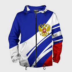 Ветровка с капюшоном мужская Герб России на абстрактных полосах, цвет: 3D-черный