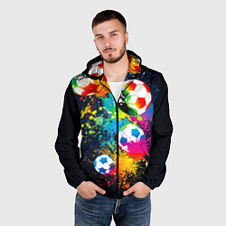 Ветровка с капюшоном мужская Разноцветные футбольные мячи, цвет: 3D-черный — фото 2