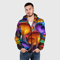 Ветровка с капюшоном мужская Неоновые светящиеся грибы, цвет: 3D-черный — фото 2