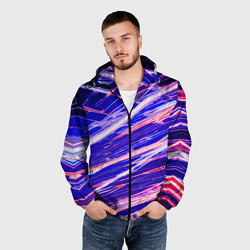 Мужская ветровка Белые и красные линии на синем фоне / 3D-Черный – фото 3