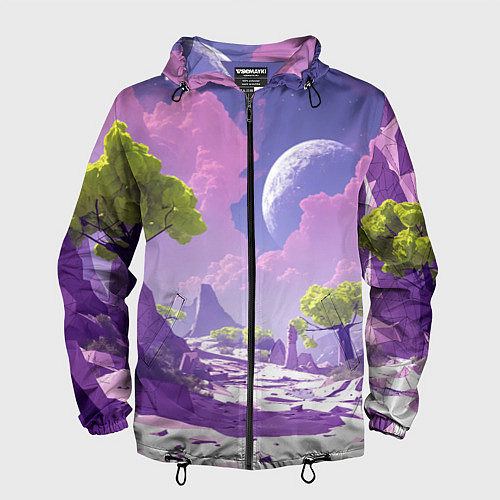 Мужская ветровка Фиолетовые горы зеленые деревья и космос / 3D-Черный – фото 1