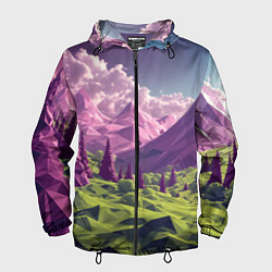 Ветровка с капюшоном мужская Геометрический зеленый пейзаж и фиолетовые горы, цвет: 3D-черный