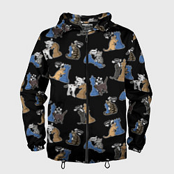 Ветровка с капюшоном мужская Котики и шахматы на черном, цвет: 3D-черный