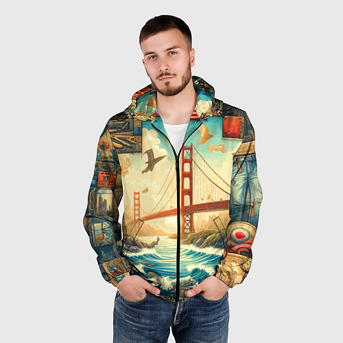 Мужская ветровка Мост через реку и пэчворк - нейросеть арт USA brid / 3D-Черный – фото 3