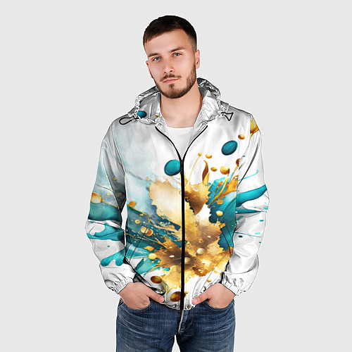 Мужская ветровка Бирюзово голубая абстракция, брызги краски на бело / 3D-Черный – фото 3