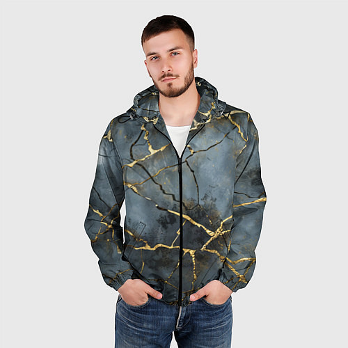 Мужская ветровка Золотые линии на серо-голубом фоне / 3D-Черный – фото 3