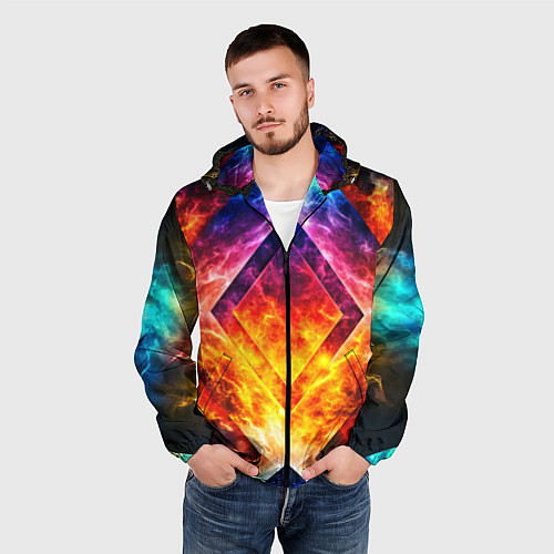 Мужская ветровка Красочный неоновый узор с огнем на фоне / 3D-Черный – фото 3