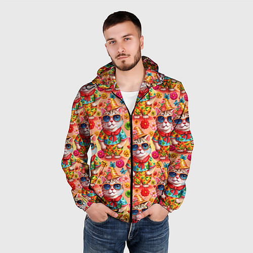Мужская ветровка Коты и летний вайб паттерн / 3D-Черный – фото 3