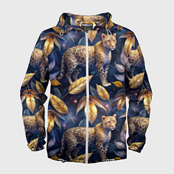 Ветровка с капюшоном мужская Леопард с золотыми листьями паттерны, цвет: 3D-белый