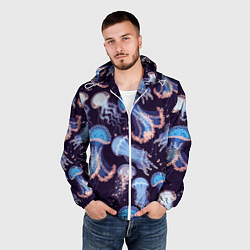 Ветровка с капюшоном мужская Светящиеся медузы, цвет: 3D-белый — фото 2