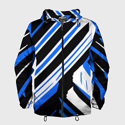 Ветровка с капюшоном мужская Чёрно-синие полосы на белом фоне, цвет: 3D-черный
