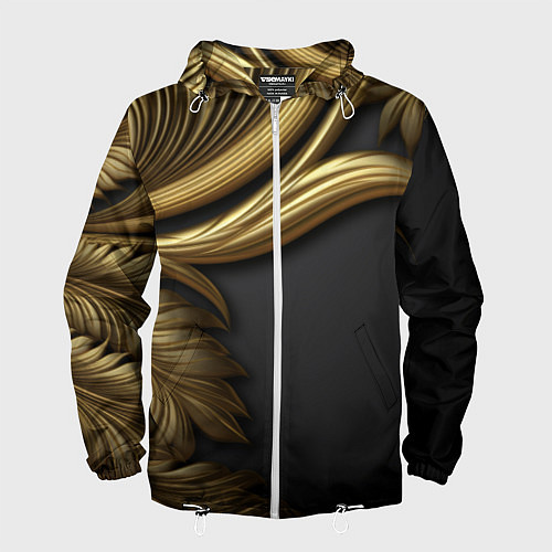 Мужская ветровка Золотые объемные листья на черном / 3D-Белый – фото 1
