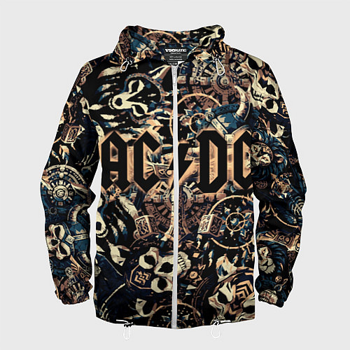 Мужская ветровка AC DC на фоне викингов рун воронов и черепов / 3D-Белый – фото 1