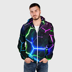 Ветровка с капюшоном мужская Микс из разломленных плит и неоновое свечения, цвет: 3D-белый — фото 2
