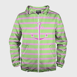 Ветровка с капюшоном мужская Якори на зелено-розовом, цвет: 3D-белый