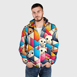 Ветровка с капюшоном мужская Geometric pattern with kittens - ai art, цвет: 3D-белый — фото 2