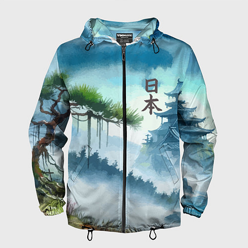 Мужская ветровка Японский пейзаж - акварель живопись / 3D-Черный – фото 1