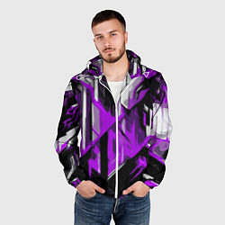 Ветровка с капюшоном мужская White and purple abstraction on a black background, цвет: 3D-белый — фото 2