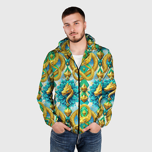 Мужская ветровка Золотистые змеи и цветы / 3D-Черный – фото 3