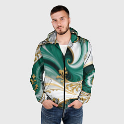 Ветровка с капюшоном мужская Зеленые волны и золотые веточки, цвет: 3D-черный — фото 2