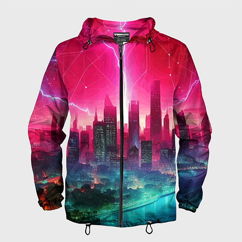 Мужская ветровка Неоновая гроза в мегаполисе - удар молнии / 3D-Черный – фото 1