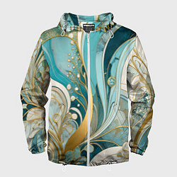 Ветровка с капюшоном мужская Бирюзовый с белым растительный узор в мягких тонах, цвет: 3D-белый