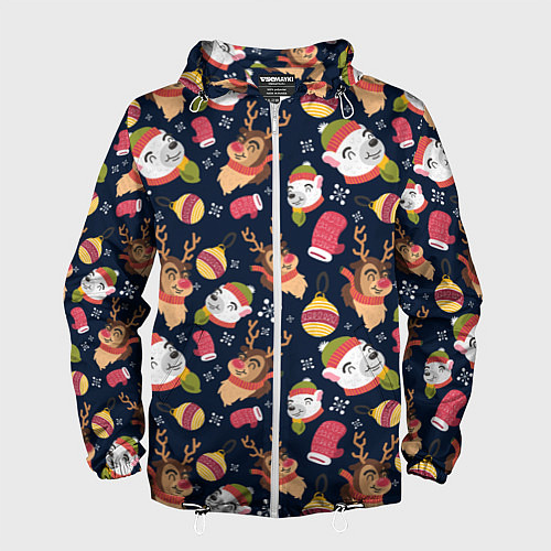 Мужская ветровка Новогодний детский паттерн с животными / 3D-Белый – фото 1